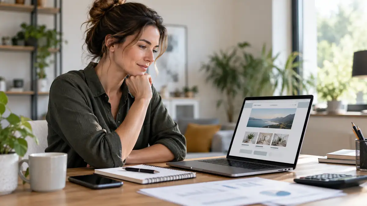Selbstständige betrachtet eine Website auf ihrem Laptop